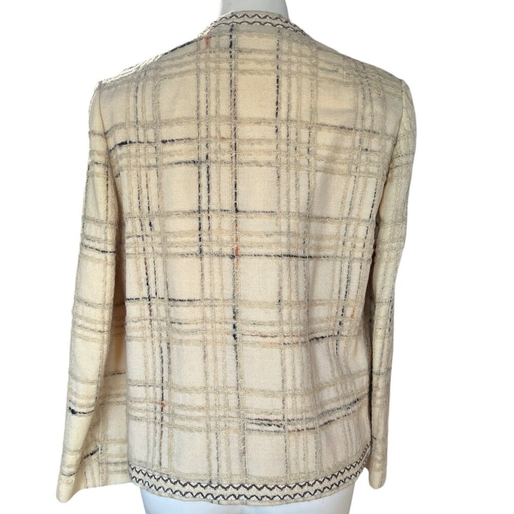 I Magnin & Co Cream & Black Plaid Wool Womens Tweed Blazer Jacket With Front Poc - Picture 5 of 9